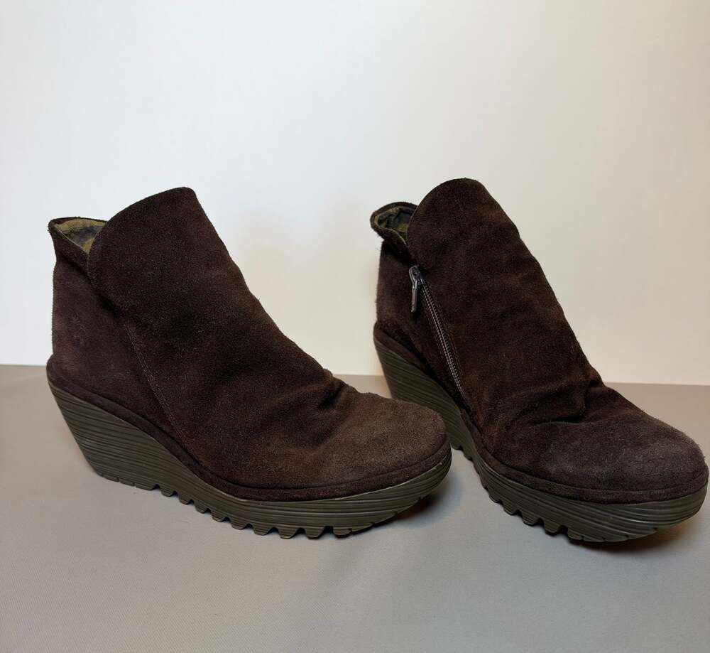 FLY London Brown Suede Wedge Ankle Boots Side Zip Women's EU 38